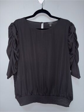 Express Elegant Black Ruched Puff-Sleeve Smocked-Hem Lightweight Blouse Size XL